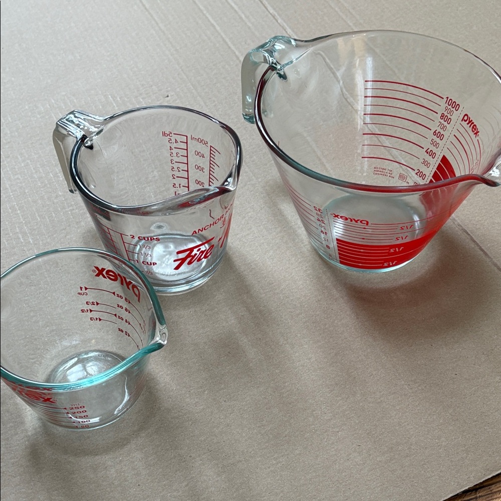 Pyrex and Fire King Glass Measuring Cups with Red Markings X3 set